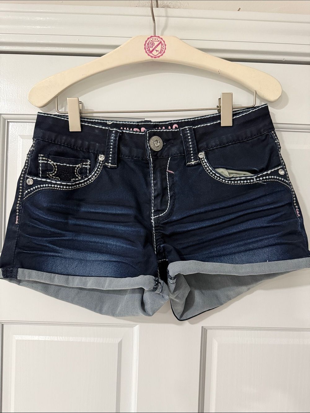 Hydraulic Lola Curvy Jean Daisy Duke Shorts size 9/10 Blue Denim Embellished